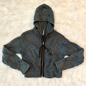 Free People Cable Knit Hooded Cropped Cardigan Sweater Jacket Medium